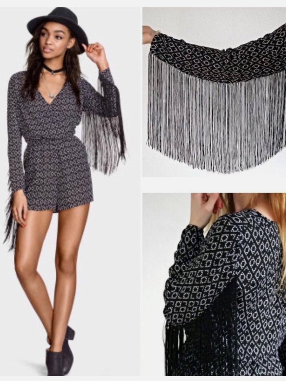 H&M Coachella Patterned Fringe Long Sleeve Romper